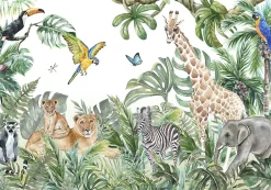 Wallarena Papier Peint Intissé Panoramique Enfants Jungle Animaux 350x250 cm - Colle Inclus - Papier Peint Chambre Enfant Vert Blanc