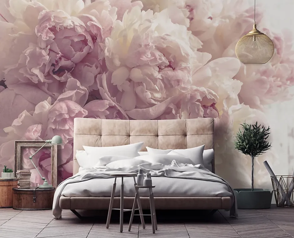 Papier Peint Intissé Panoramique Fleurs Pivoines Rose 400x280 cm - Colle Inclus - Chambre et Salon - Moderne Trompe l'oeil-Wallarena