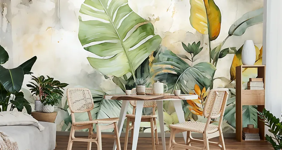 Muralo Papier Peint Intissé Photo Pour Chambre FEUILLES Plantes Aquarelle 368cm x 254cm