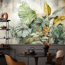 Muralo Papier Peint Intissé Photo Pour Chambre FEUILLES Plantes Aquarelle 360cm x 240cm