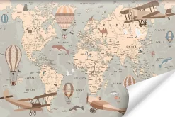 Papier Peint Intissé Photo Pour Enfant CARTE DU MONDE Animaux Avions Ballons Rétro 360cm x 240cm-Muralo Online