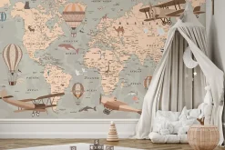 Papier Peint Intissé Photo Pour Enfant CARTE DU MONDE Animaux Avions Ballons Rétro 360cm x 240cm-Muralo Online