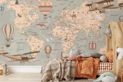 Papier Peint Intissé Photo Pour Enfant CARTE DU MONDE Animaux Avions Ballons Rétro 360cm x 240cm-Muralo Online