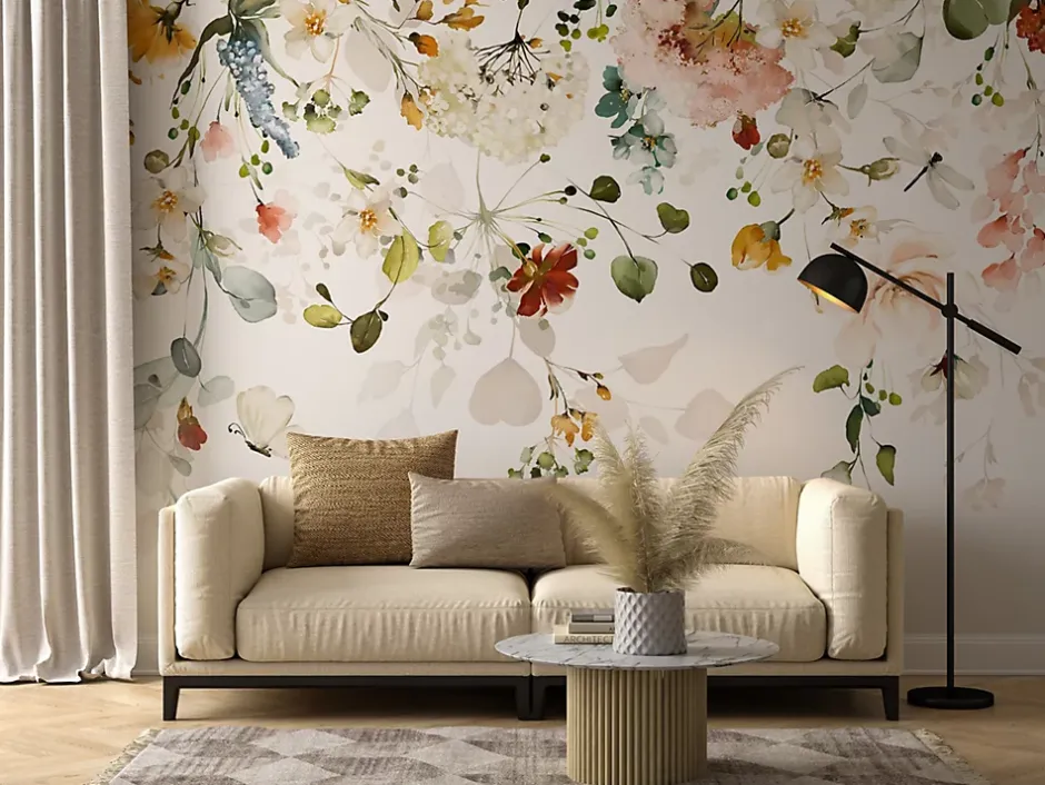 Papier Peint Intissé Photo Pour Salon FLEURS Colorées Feuilles Plantes Nature 270cm x 180cm-Muralo Hot