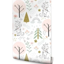 Muralo Papier Peint Intissé Pour Chambre D'Enfant LICORNES Animaux Arbres Feuilles