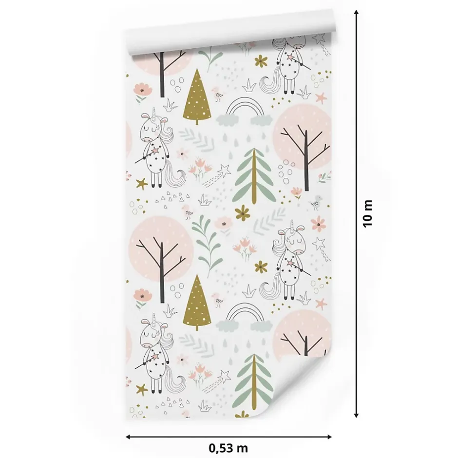 Muralo Papier Peint Intissé Pour Chambre D'Enfant LICORNES Animaux Arbres Feuilles