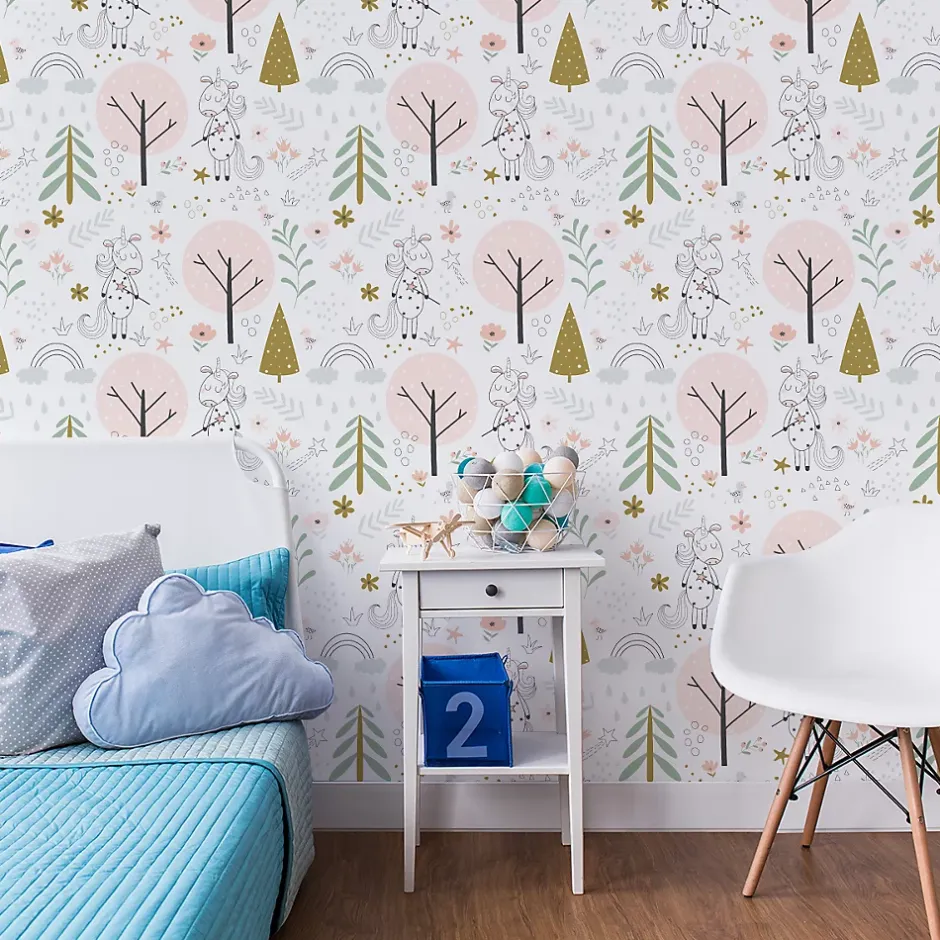 Muralo Papier Peint Intissé Pour Chambre D'Enfant LICORNES Animaux Arbres Feuilles