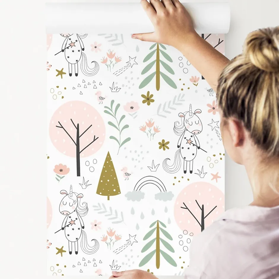 Muralo Papier Peint Intissé Pour Chambre D'Enfant LICORNES Animaux Arbres Feuilles