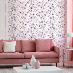 Ambiance Sticker Papier peint intissé pré-encollé - FLEURS ROSES ET VIOLETTES - 1 rouleau de 300x60cm