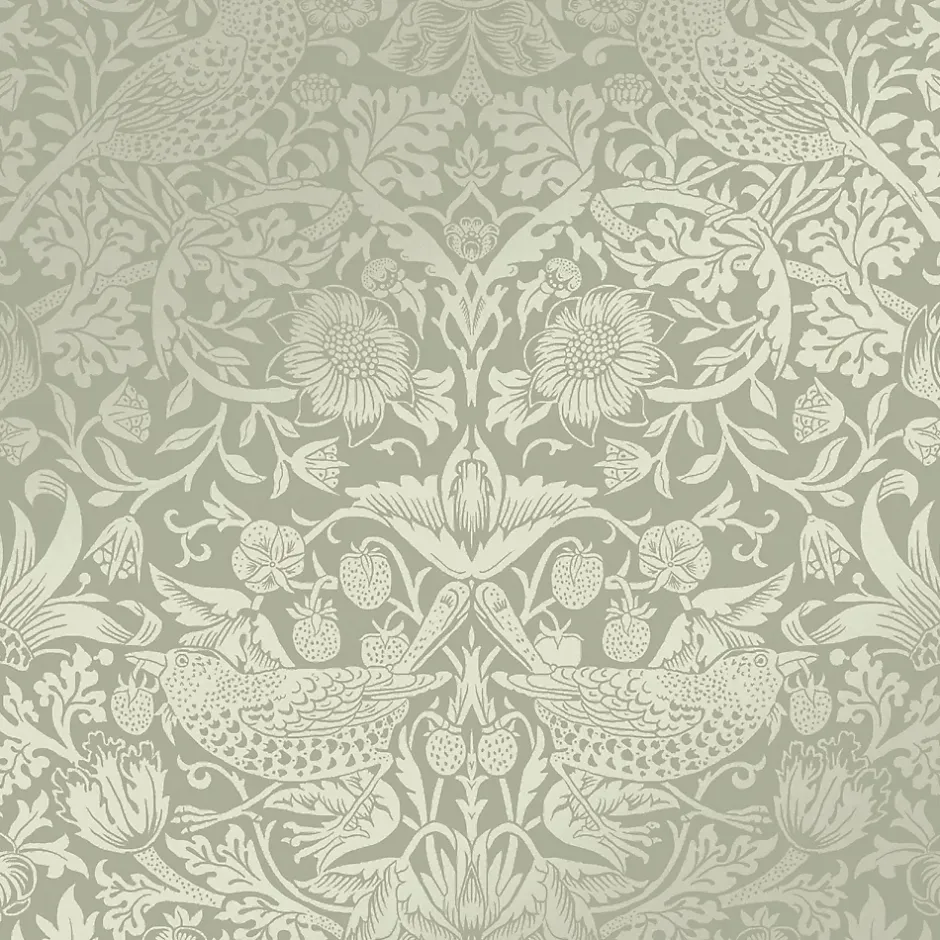 William Morris Papier peint intissé Strawberry thief imprimé fleurs, oiseaux effet métalisé vert sauge L.1000 x l.52cm