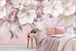 Wallarena Papier Peint Intissé Panoramique Pour Chambre Cuisine Fleurs Rose Béton 350x250
