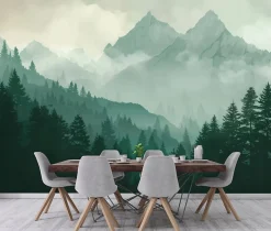 Papier Peint Panoramique Intissé Forêt montagnes Vert - 350x250 cm - Papier Peint Chambre et salon-Wallarena New