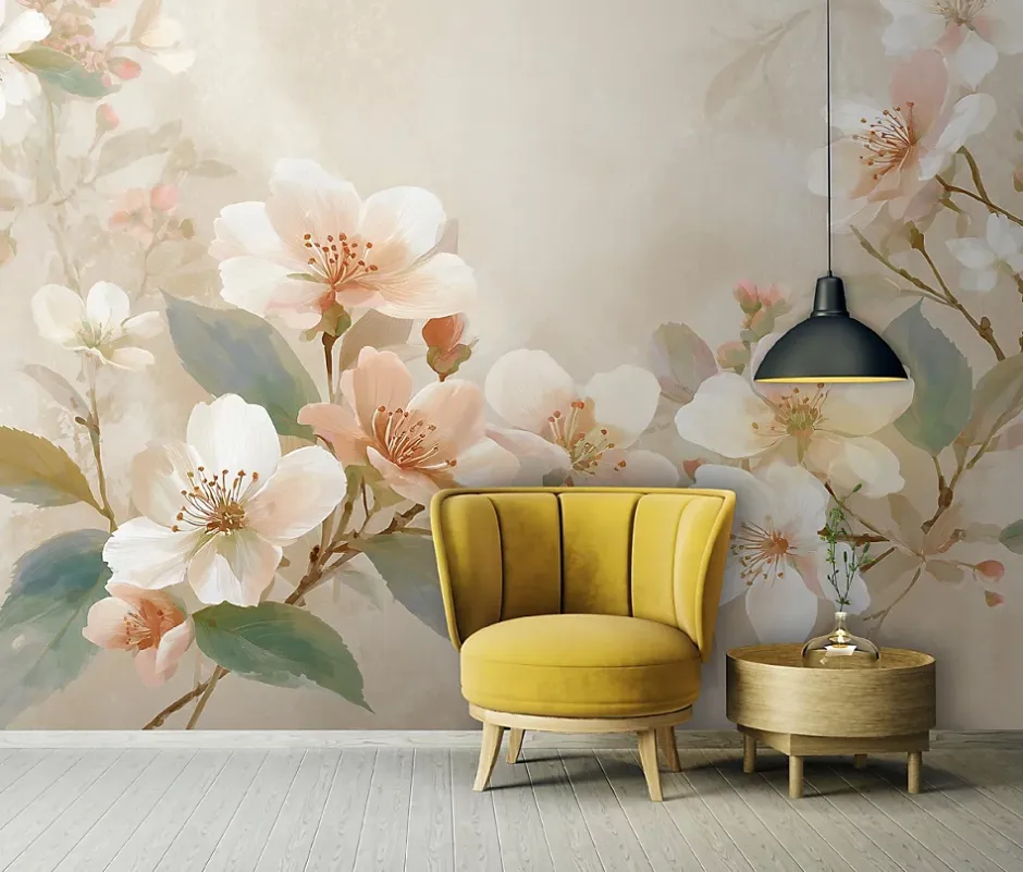 Wallarena Papier Peint Panoramique Intissé Fleurs Béton Beige - 300x210 cm - Papier Peint Chambre et salon