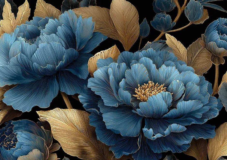 Wallarena Papier Peint Panoramique Intissé Fleurs Feuilles Bleu - 350x250 cm - Papier Peint Chambre et salon