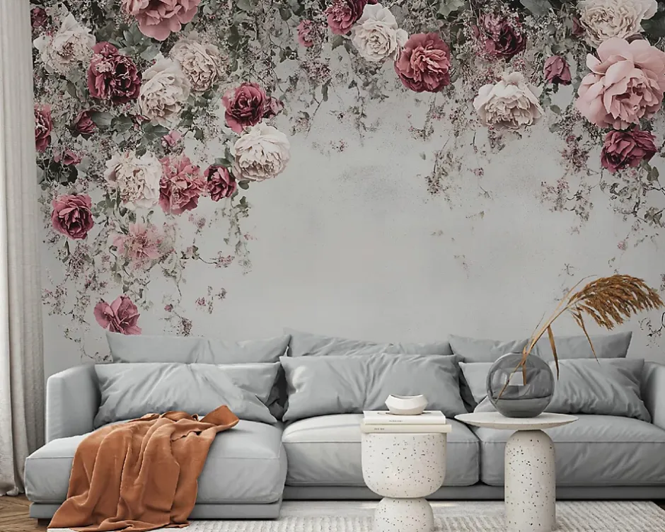 Wallarena Papier Peint Panoramique Intissé Fleurs Floral Béton 350x250 cm - Colle Inclus - Moderne Papier Peint Intissé Chambre Salon