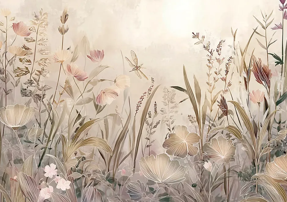 Wallarena Papier Peint Panoramique Intissé Fleurs Prairie Beige - 250x175 cm - Papier Peint Chambre et salon