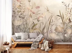 Papier Peint Panoramique Intissé Fleurs Prairie Beige - 400x280 cm - Papier Peint Chambre et salon-Wallarena Sale