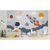 IDPanneaux Papier peint panoramique intissé enfant fusée, astronaute, espace bleu, blanc, 8 lés, L.280 x l.400cm