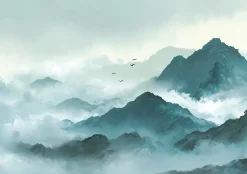 Papier Peint Panoramique Intissé montagnes Brouillard Vert - 350x250 cm - Papier Peint Chambre et salon-Wallarena