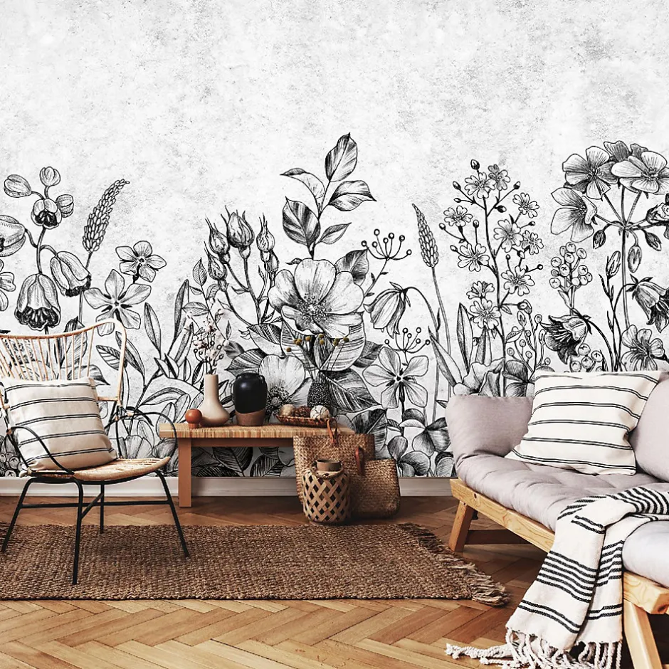 Wallarena Papier Peint Panoramique Intissé Fleurs Béton Gris - 416x254 cm - Papier Peint Chambre et salon