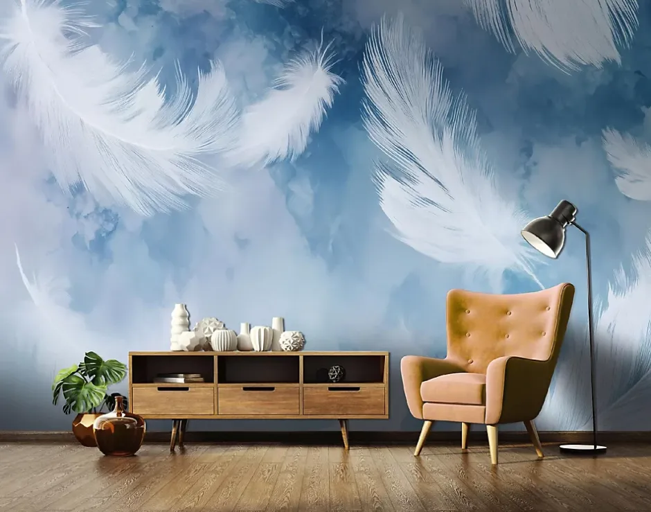 Papier Peint Panoramique Intissé Plumes Abstrait Bleu - 300x210 cm - Papier Peint Chambre et salon-Wallarena Clearance