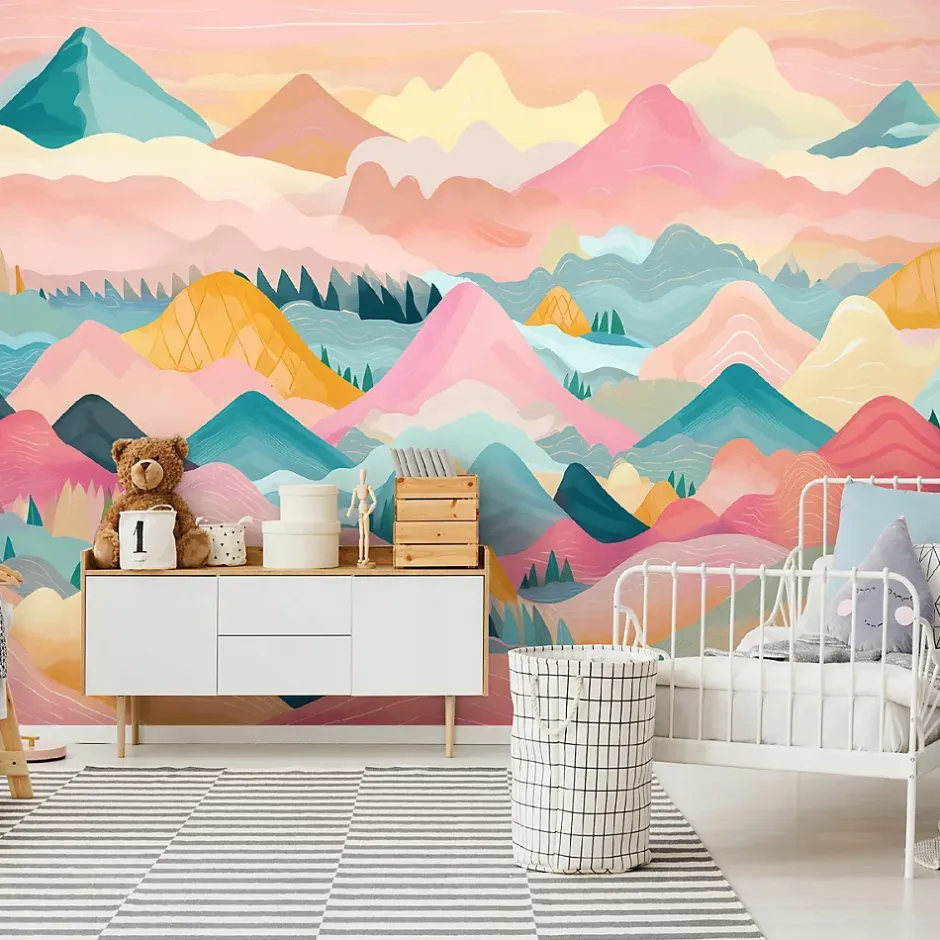 Papier Peint Panoramique Intissé Montagnes Nuages Rose - 368x254 cm - Papier Peint Enfant-Wallarena Online