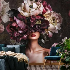 Papier Peint Panoramique Intissé Fleurs Femme 350x250 cm - Colle Inclus - Moderne XXL Papier Peint por Chambre Salon-Wallarena Best