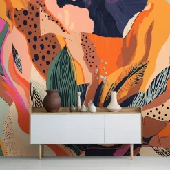 Wallarena Papier Peint Panoramique Vinyle Abstraction Feuilles Coloré - 368x254 cm - Papier Peint Chambre et salon