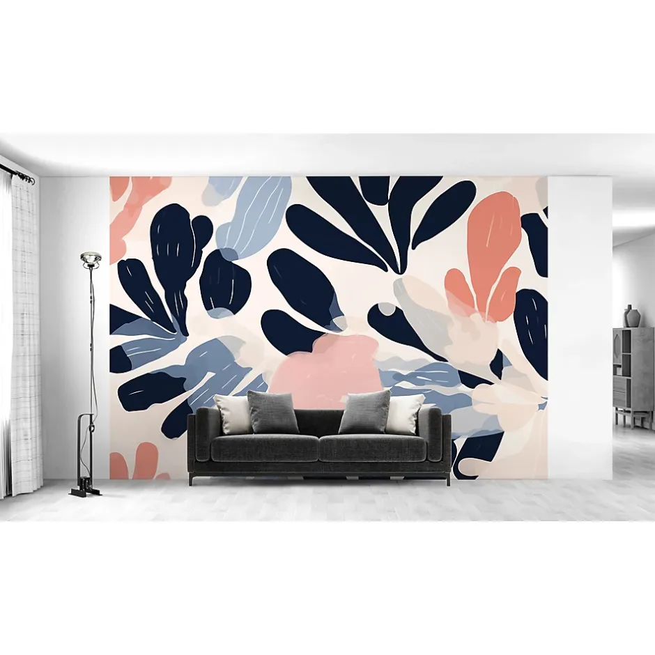 Papier peint panoramique intissé fleuri, fleurs abstraites, bleu, rose, 8 lés, L.280 x l.400cm-IDPanneaux Discount