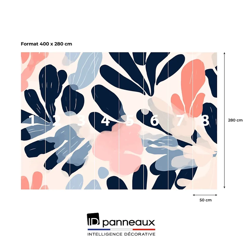 Papier peint panoramique intissé fleuri, fleurs abstraites, bleu, rose, 8 lés, L.280 x l.400cm-IDPanneaux Discount