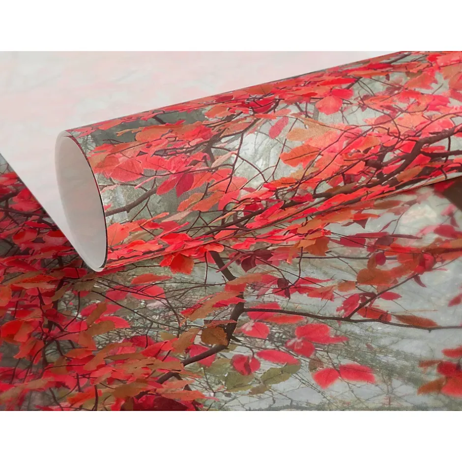 Papier peint panoramique intissé forêt arbre feuille rouge sur fond gris, 8 lés, L.280 x l.400cm-IDPanneaux Best