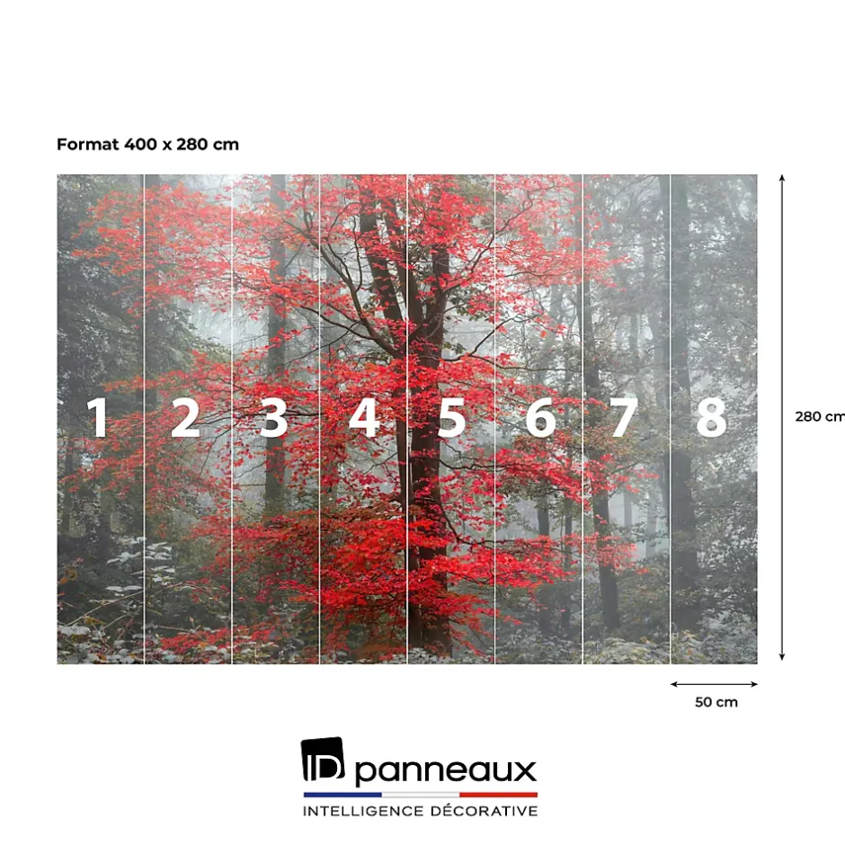Papier peint panoramique intissé forêt arbre feuille rouge sur fond gris, 8 lés, L.280 x l.400cm-IDPanneaux Best