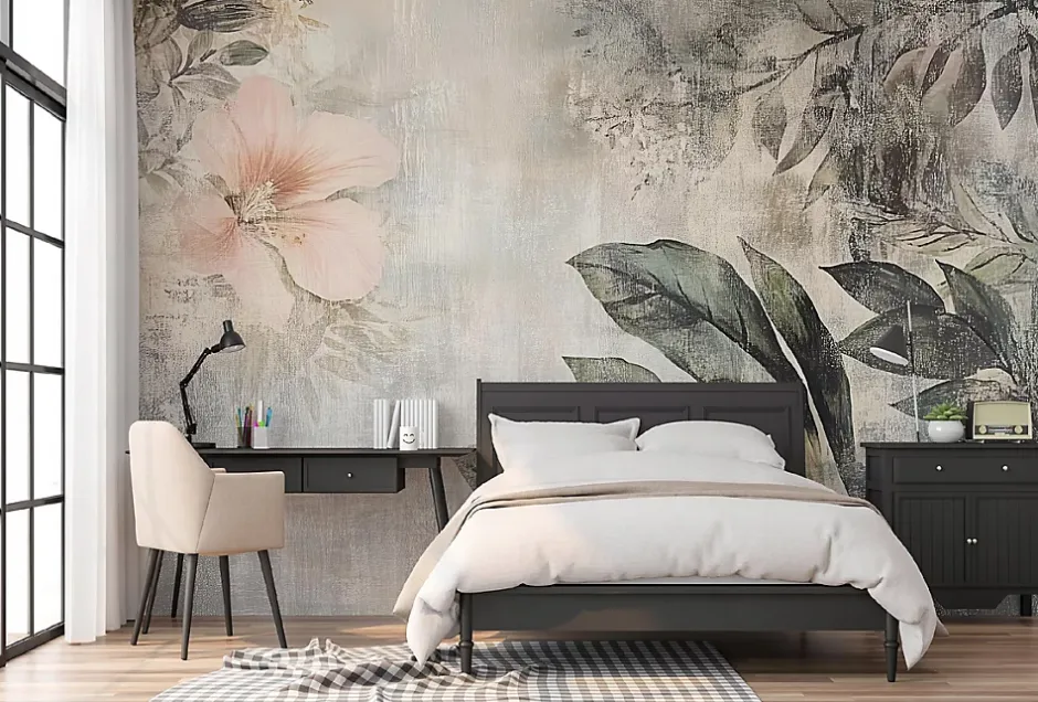 Papier Peint Panoramique Intissé Fleurs Feuilles Vintage 400x280 cm - Colle Inclus - Chambre et Salon-Wallarena