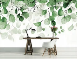 Papier Peint Panoramique Intissé Blanc Vert Feuilles 350x250 cm - Colle Inclus - Moderne XXL Papier Peint por Chambre Salon-Wallarena Hot