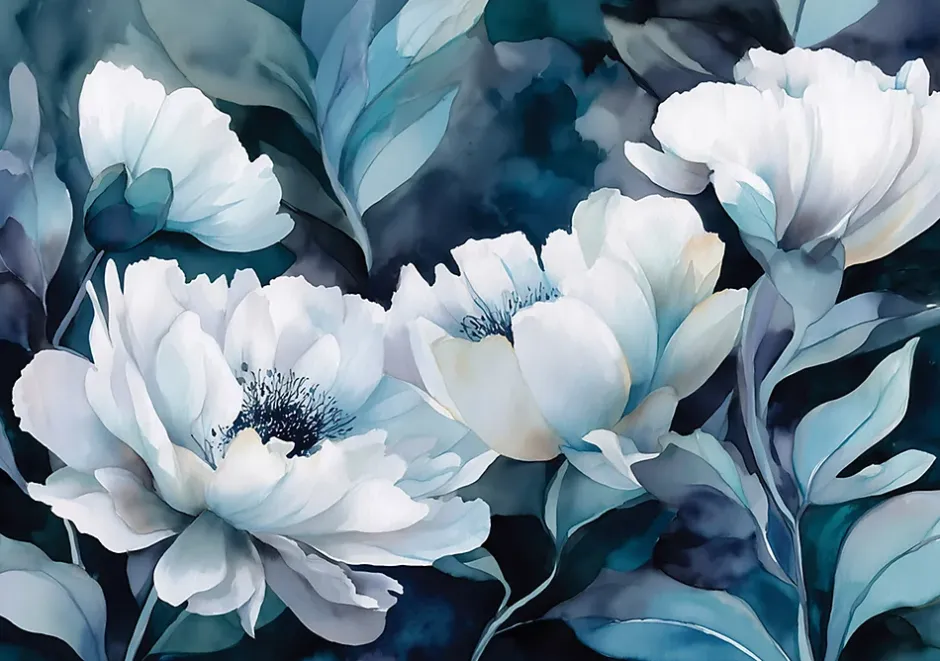 Papier Peint Panoramique Intissé Fleurs Abstrait Bleu - 300x210 cm - Papier Peint Chambre et salon-Wallarena Clearance