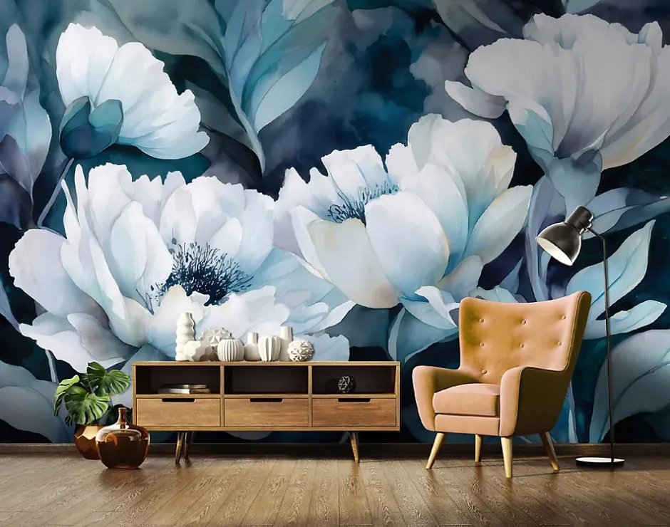 Papier Peint Panoramique Intissé Fleurs Abstrait Bleu - 300x210 cm - Papier Peint Chambre et salon-Wallarena Clearance