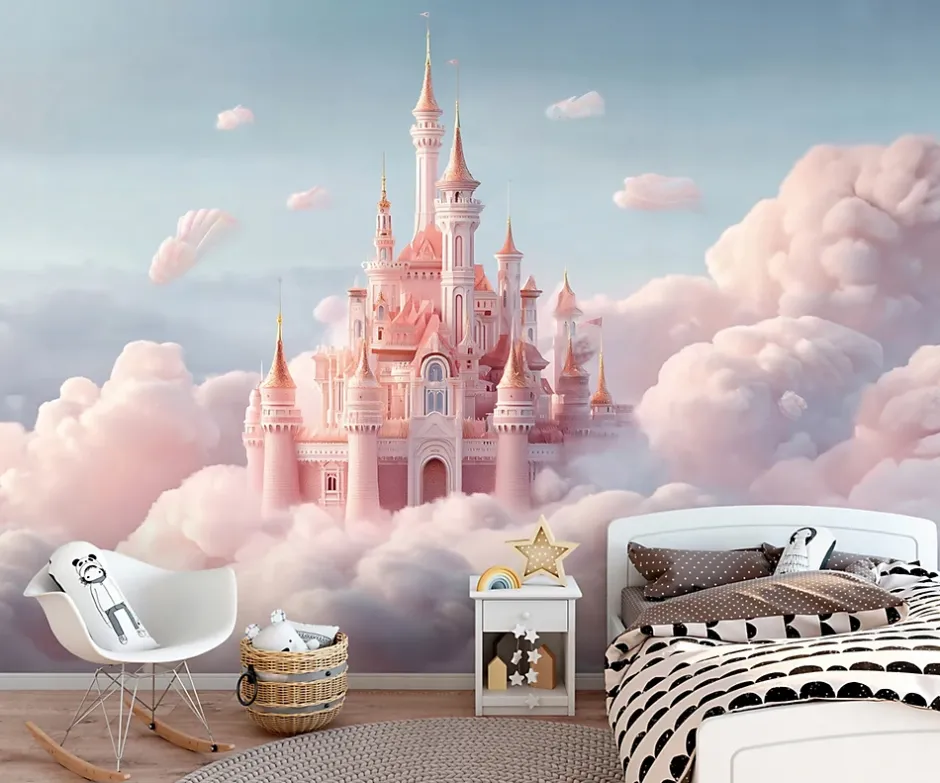 Papier Peint Panoramique Fille Château Rose - 350x250 cm - Papier Peint Enfant-Wallarena New