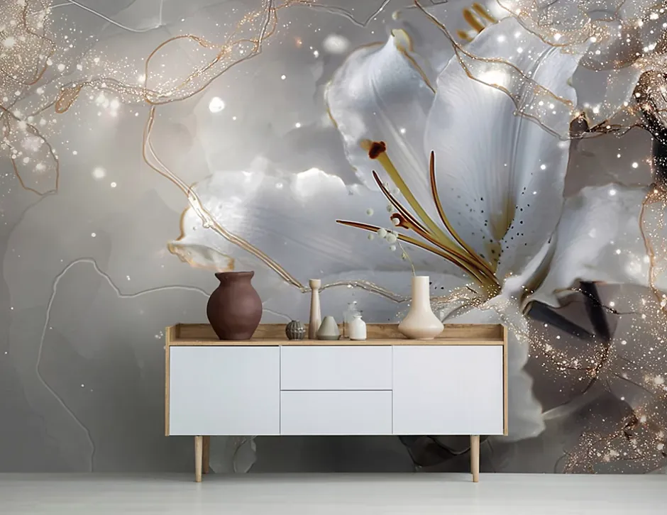 Wallarena Papier Peint Panoramique Intissé Fleurs Lys Beige - 350x250 cm - Papier Peint Chambre et salon