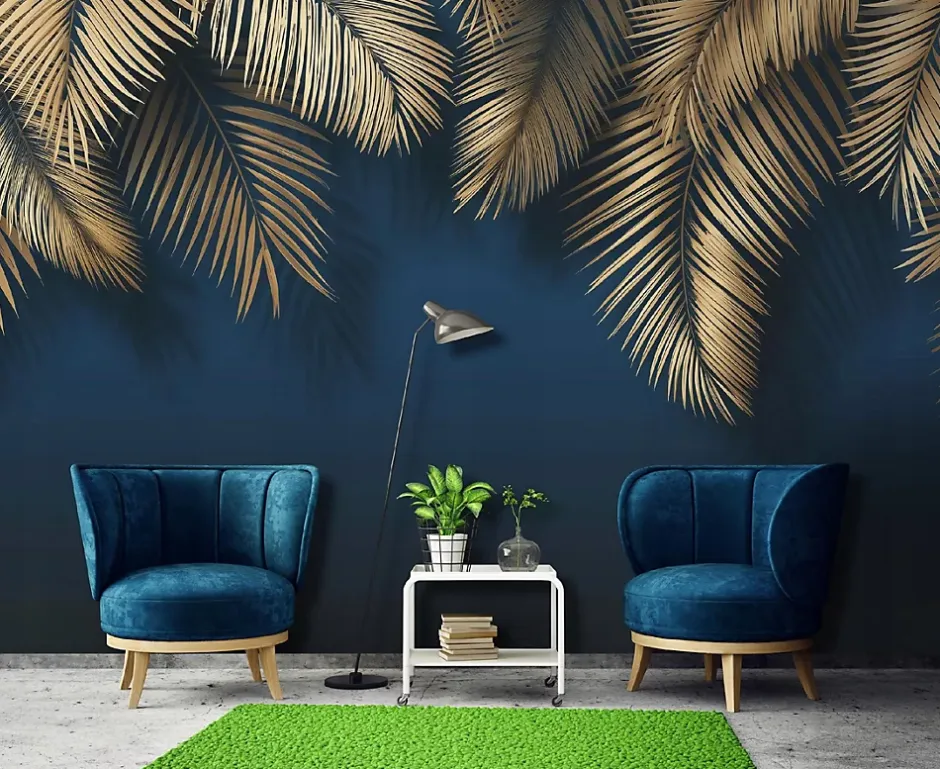 Wallarena Papier Peint Panoramique Intissé Feuilles Suspendu Bleu - 350x250 cm - Papier Peint Chambre et salon