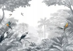 Papier Peint Panoramique Intissé Jungle Perroquets Gris - 350x250 cm - Papier Peint Chambre et salon-Wallarena Discount