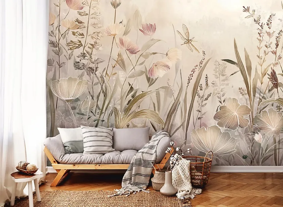 Wallarena Papier Peint Panoramique Intissé Fleurs Prairie Beige - 300x210 cm - Papier Peint Chambre et salon