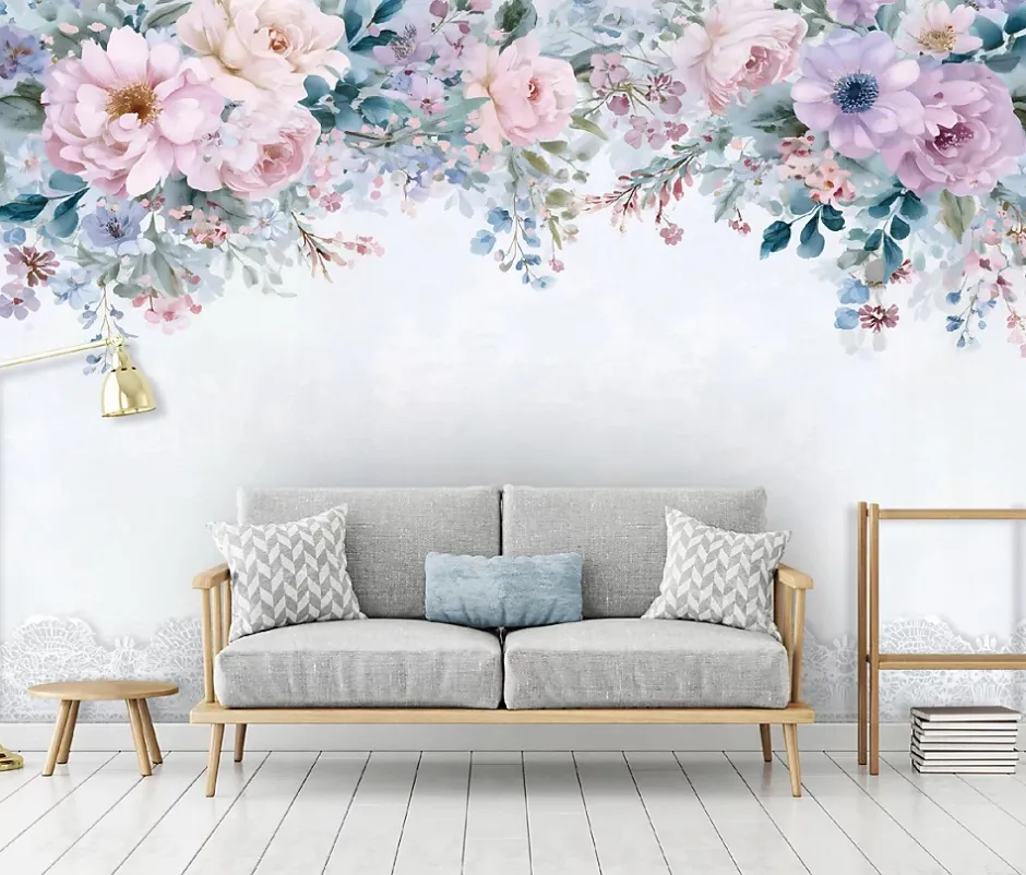 Wallarena Papier Peint Panoramique Intissé Fleurs Suspendu Bleu - 300x210 cm - Papier Peint Chambre et salon