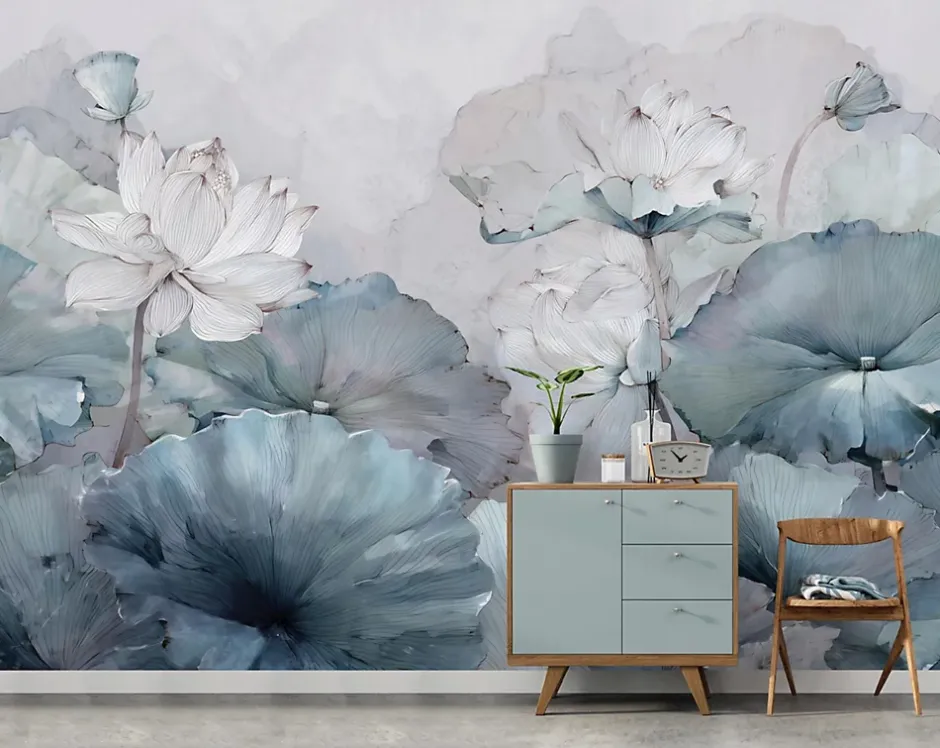 Wallarena Papier Peint Panoramique Intissé Fleurs Béton Bleu - 300x210 cm - Papier Peint Chambre et salon