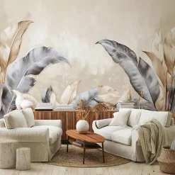 Wallarena Papier Peint Panoramique Intissé Feuilles Beige 300x210 cm - Colle Inclus - Moderne XXL Papier Peint por Chambre Salon