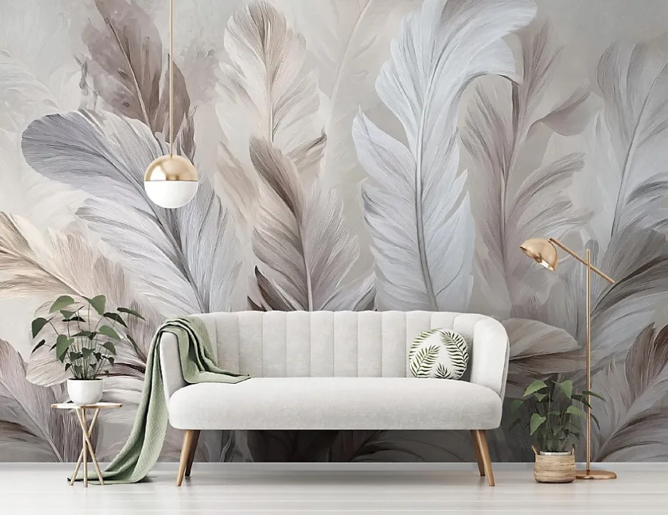 Wallarena Papier Peint Panoramique Intissé Plumes Abstrait Beige - 400x280 cm - Papier Peint Chambre et salon