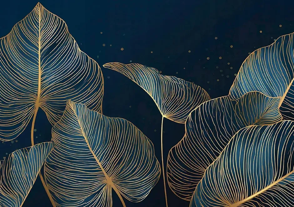 Papier Peint Panoramique Intissé Feuilles Glamour Bleu - 350x250 cm - Papier Peint Chambre et salon-Wallarena Best