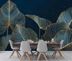 Papier Peint Panoramique Intissé Feuilles Glamour Bleu - 350x250 cm - Papier Peint Chambre et salon-Wallarena Best