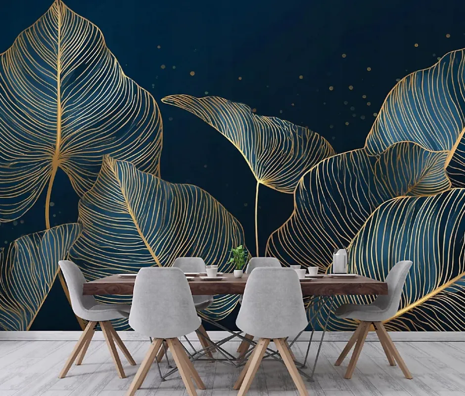 Papier Peint Panoramique Intissé Feuilles Glamour Bleu - 350x250 cm - Papier Peint Chambre et salon-Wallarena Best