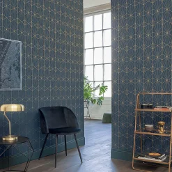 Lutece Papier peint Park avenue vinyle intissé motif art déco bleu et or