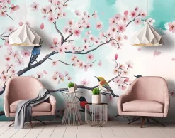 Papier Peint Photo Pour Chambre Oiseaux Fleurs Brindilles 350x250 cm-Wallarena Clearance